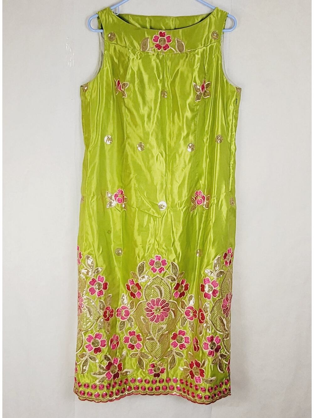 Dara Lamb green silk pink floral sequin embroidered sheath midi dress Maximal
